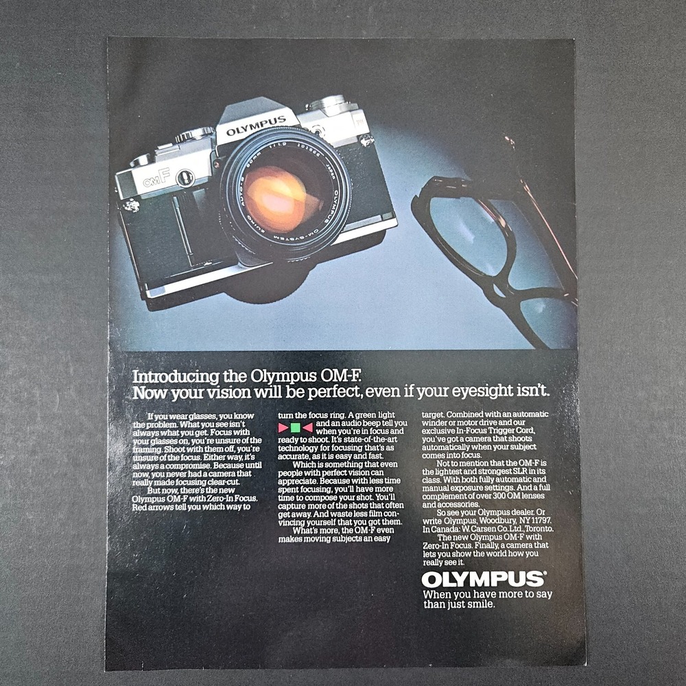 1983 Olympus OM-F Film Camera Vintage Print Ad Woodbury NY Photography 300 OM